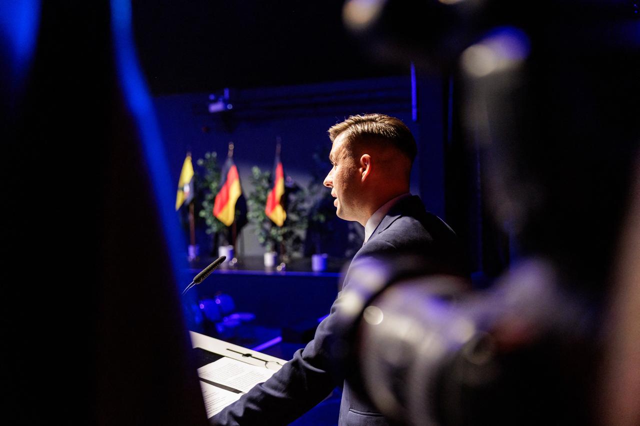 Jean-Pascal Hohm, an AfD lawmaker in the Brandenburg state parliament and chairman of Generation Germany, speaks to delegates during the federal congress of Generation Germany, the youth organization of the far-right Alternative for Germany (AfD) party, in Magdeburg, eastern Germany, on August 29, 2026. (AFP Photo)