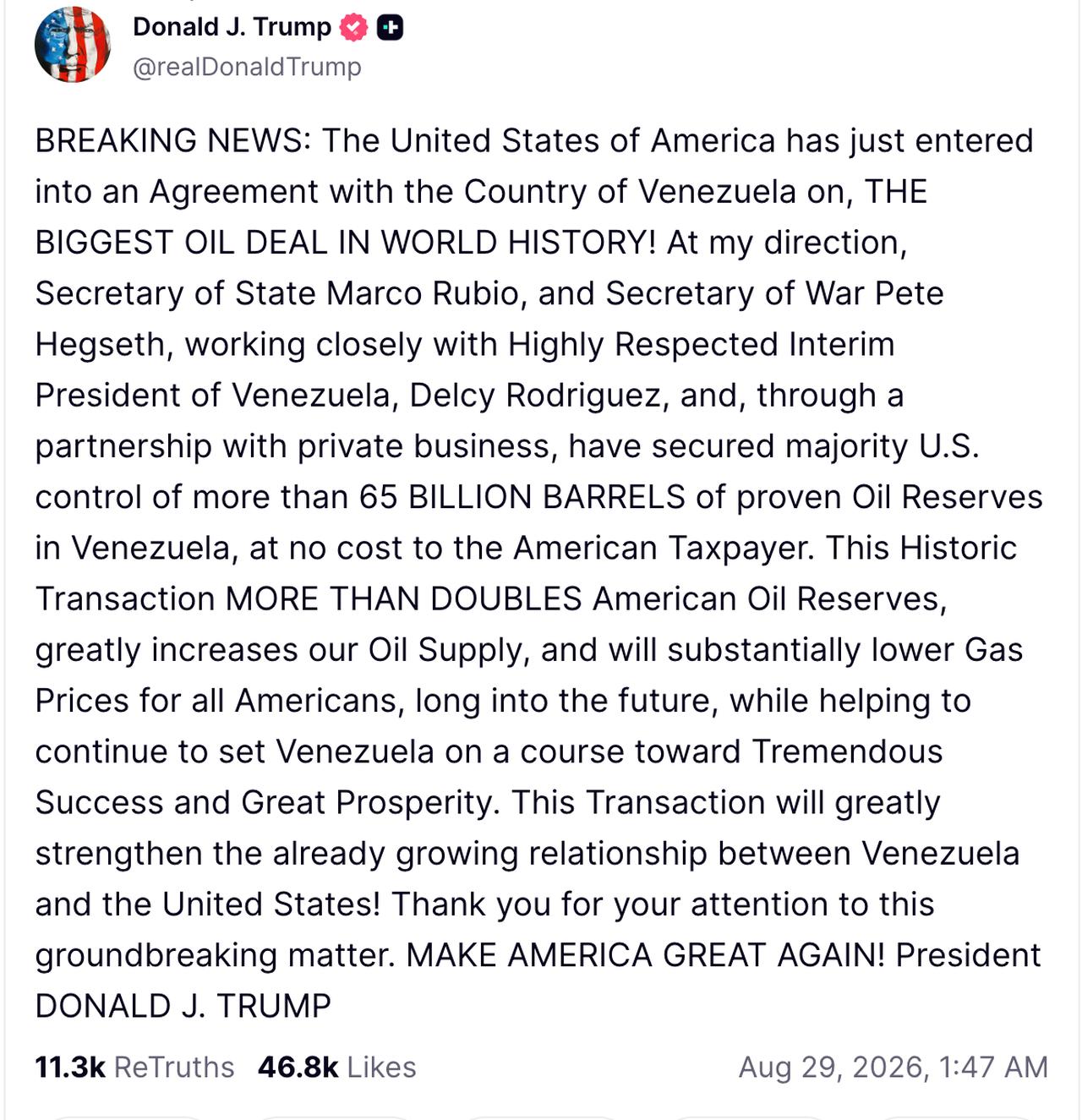 U.S. President Donald Trump announced on Truth Social that the United States has entered into an agreement with Venezuela securing majority control over more than 65 billion barrels of oil reserves.