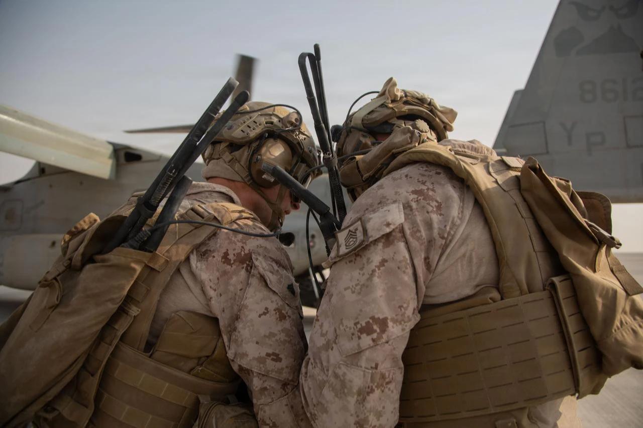 U.S. Marines review fuel information for an MV-22 Osprey during a Forward Arming and Refueling Point in the U.S. Central Area of Responsibility, August 1, 2026. (Photo via U.S. Marine Corps)