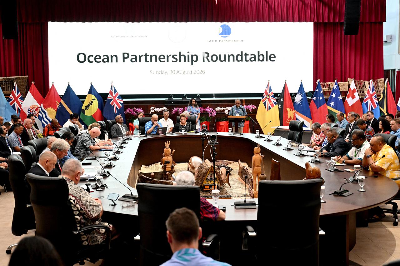 Leaders of the Pacific Islands attend the Ocean Partnership Roundtable in Koror, Palau, on August 30, 2026, ahead of the 55th Pacific Islands Forum Leaders Meeting. (AFP Photo)
