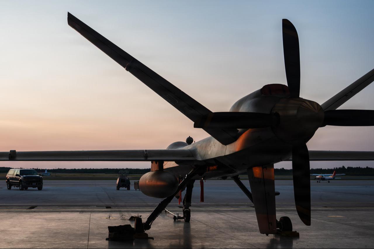 An MQ-9 Reaper assigned to the 29th Attack Squadron is parked outside a hangar prior to a morning launch at Alpena Combat Readiness Training Center, Michigan, July 24, 2026. (Photo via U.S. Air Force)