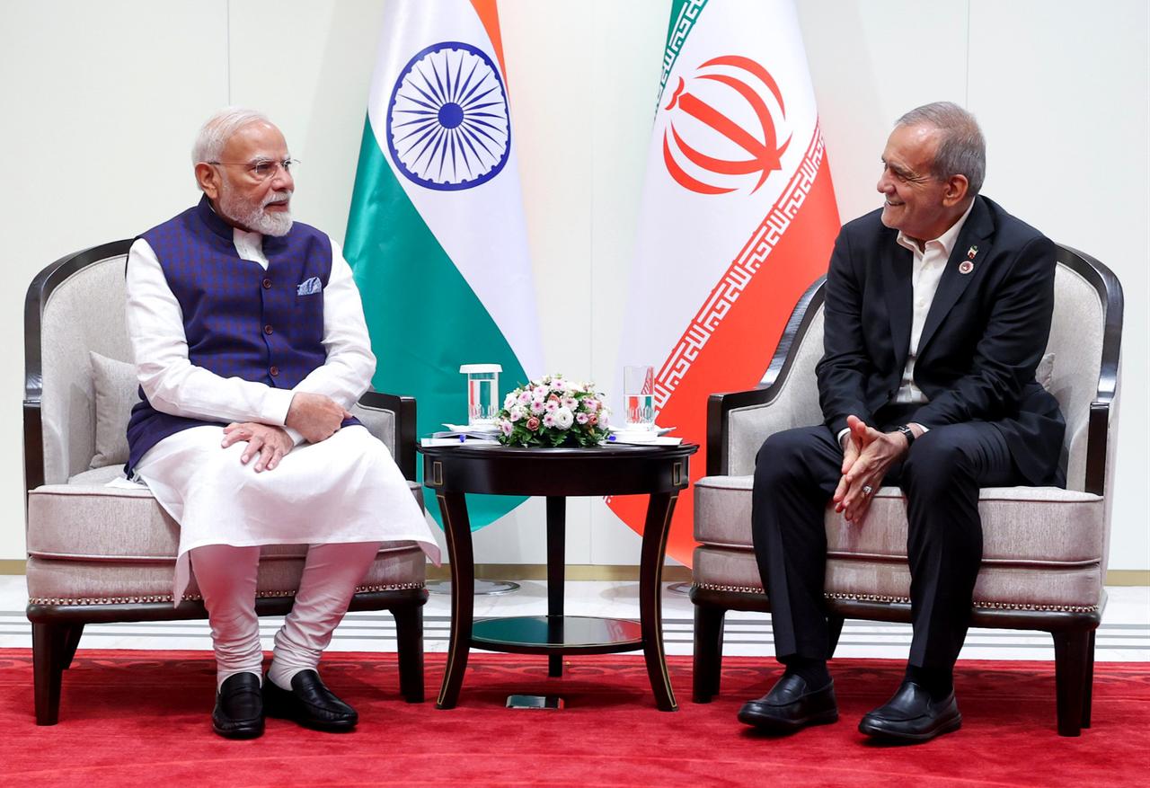 Indian Prime Minister Narendra Modi (L) holds a bilateral meeting with Iranian President Masoud Pezeshkian (R) on the sidelines of the Shanghai Cooperation Organization (SCO) Summit in Bishkek, Kyrgyzstan, on August 31, 2026. (Press Information Bureau (PIB)/AA Photo)