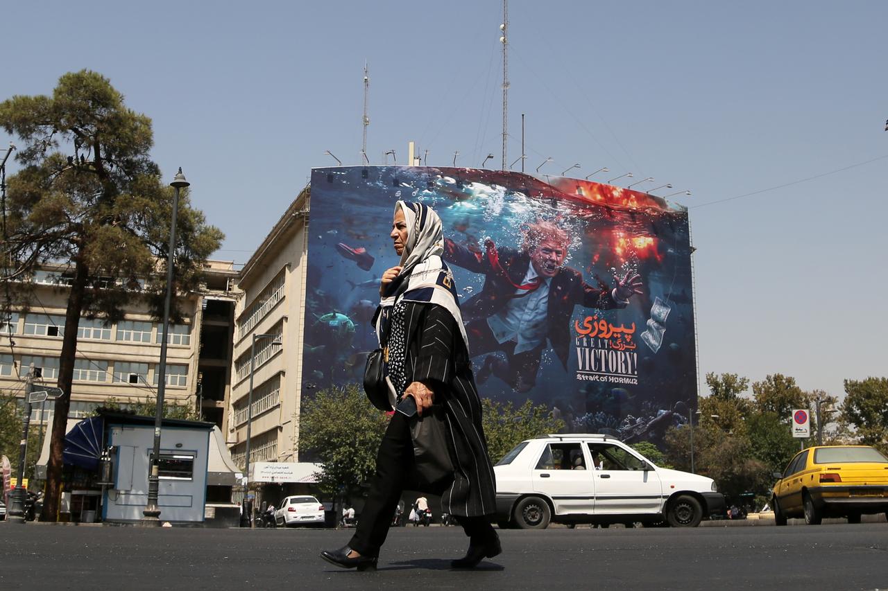 A large billboard bearing the slogan "Great Victory" in both Persian and English is seen displayed at Rah Ahen Square in Tehran, Iran, on August 25, 2026. (AA Photo)