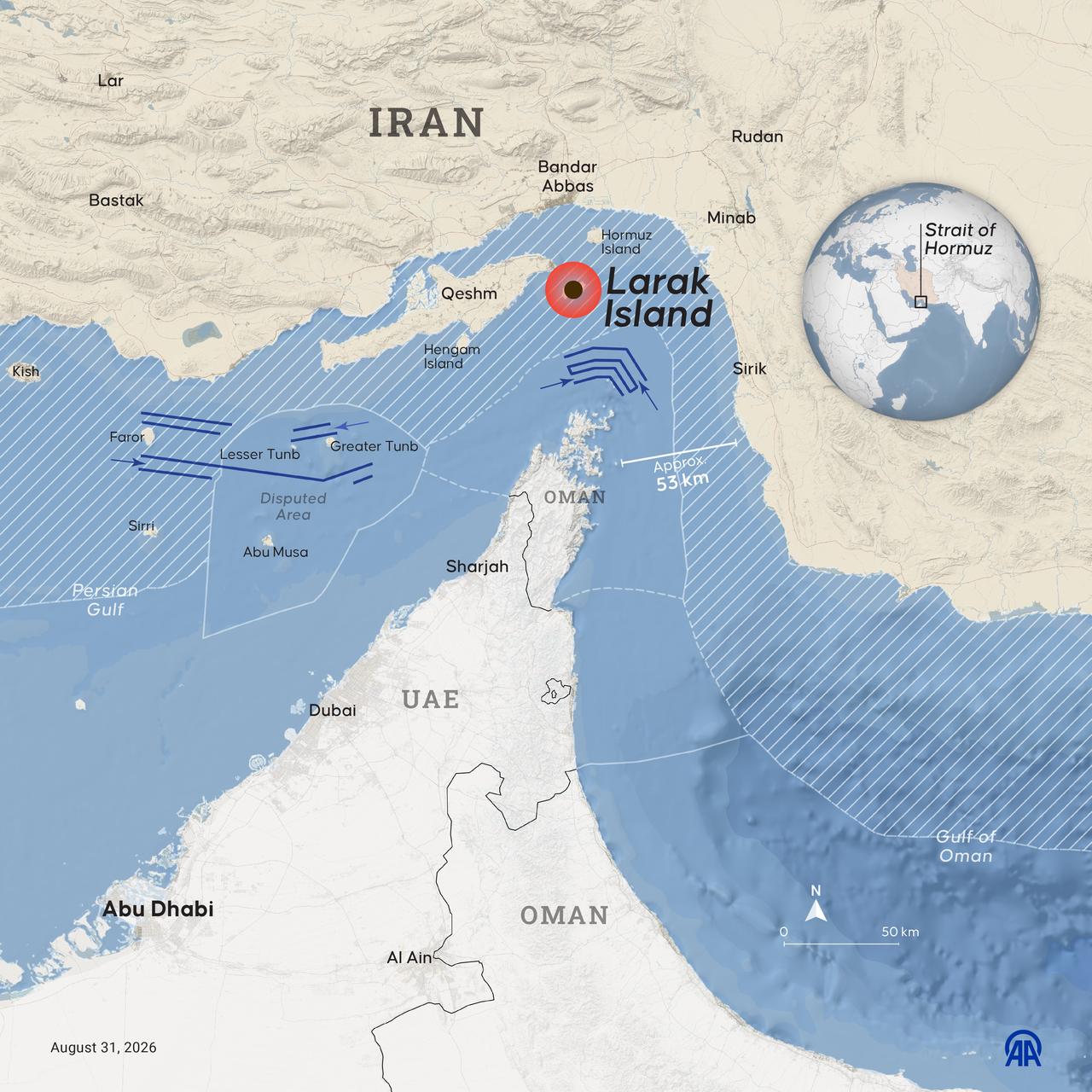An infographic showing "US strike on Larak Island" created in Ankara, Türkiye on August 31, 2026. (AA Graphics)