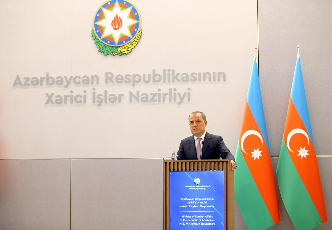 Azerbaijani Foreign Minister Jeyhun Bayramov delivers remarks during a joint press conference with OSCE Chairperson-in-Office and Swiss Foreign Minister Ignazio Cassis, in Baku, Azerbaijan, August 04, 2026. (AA Photo)