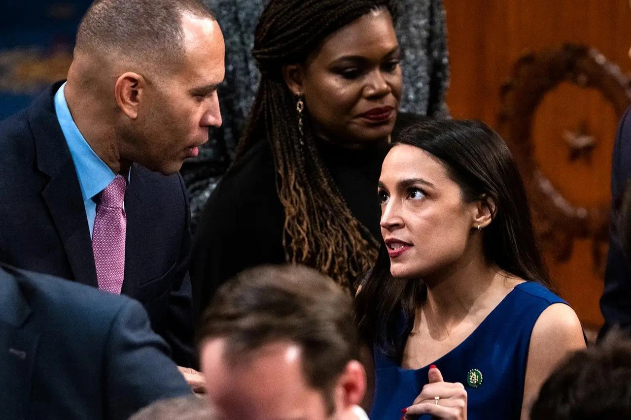 Rep. Alexandria Ocasio-Cortez, and Democratic Leader Hakeem Jeffries,(D-N.Y.), on Jan. 3, 2023. (Photo via X)