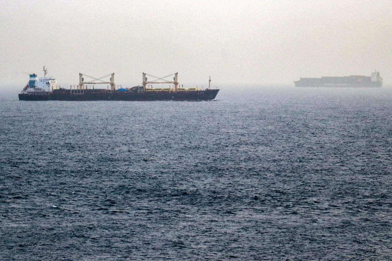Vessels transit the Bab el-Mandeb Strait off the coast of southern Yemen on July 25, 2026. (AFP Photo)