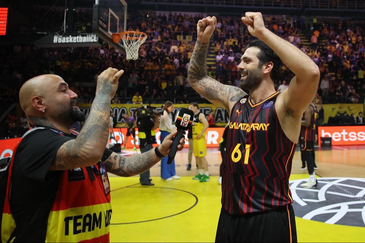 Goksenin Koksal (61) of Galatasaray celebrates his teams victory at the end of the Basketball Champions League Final Four Semi Final match between La Laguna Tenerife and Galatasaray at Sunel Arena in Athens Greece on May 9, 2025. (AA Photo)