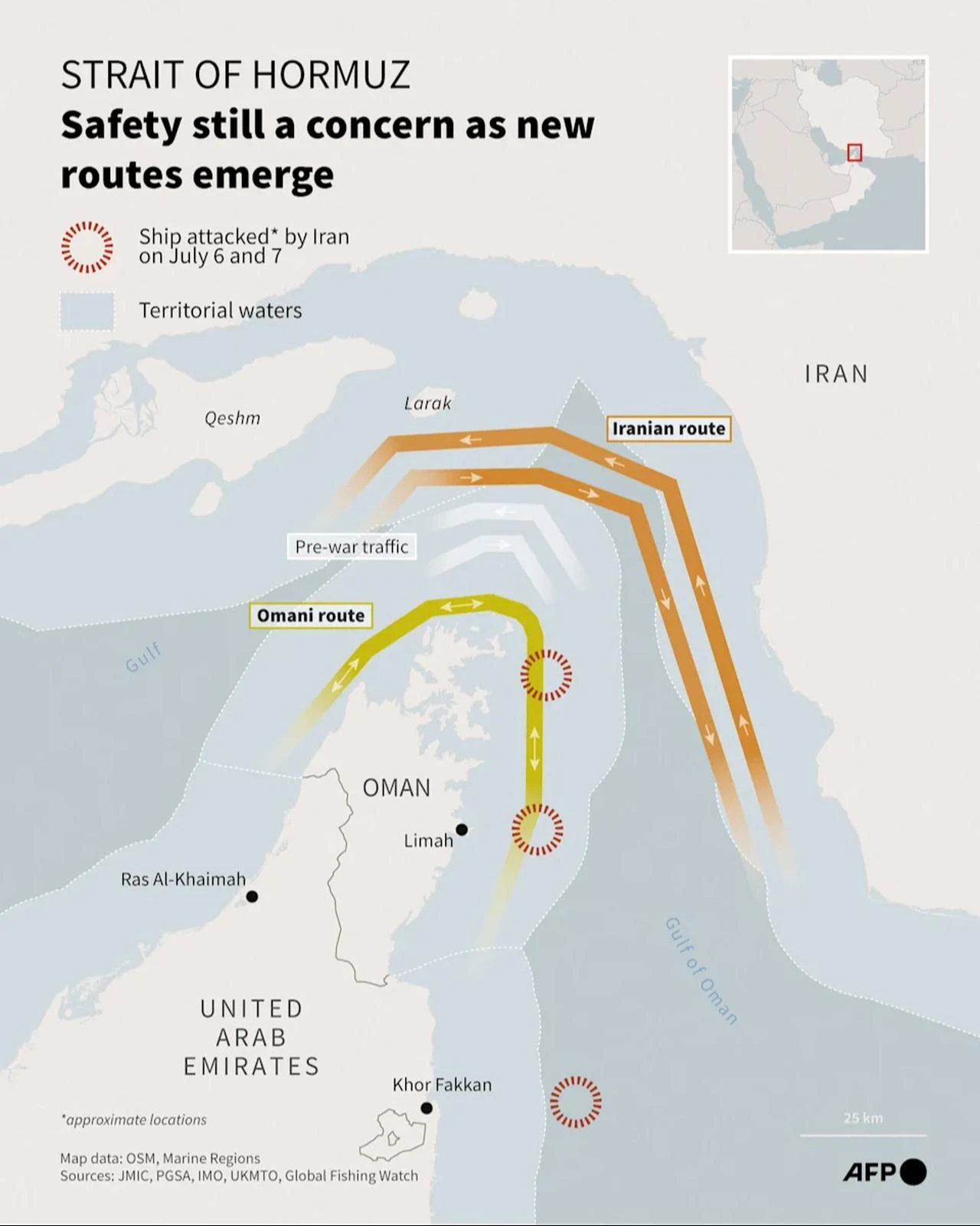 Map of the Strait of Hormuz showing the shipping corridor coordinated by Oman, the Iran-designated corridor, and the location of Iranian attacks on boats on July 6 and 7. (AFP Graphic)