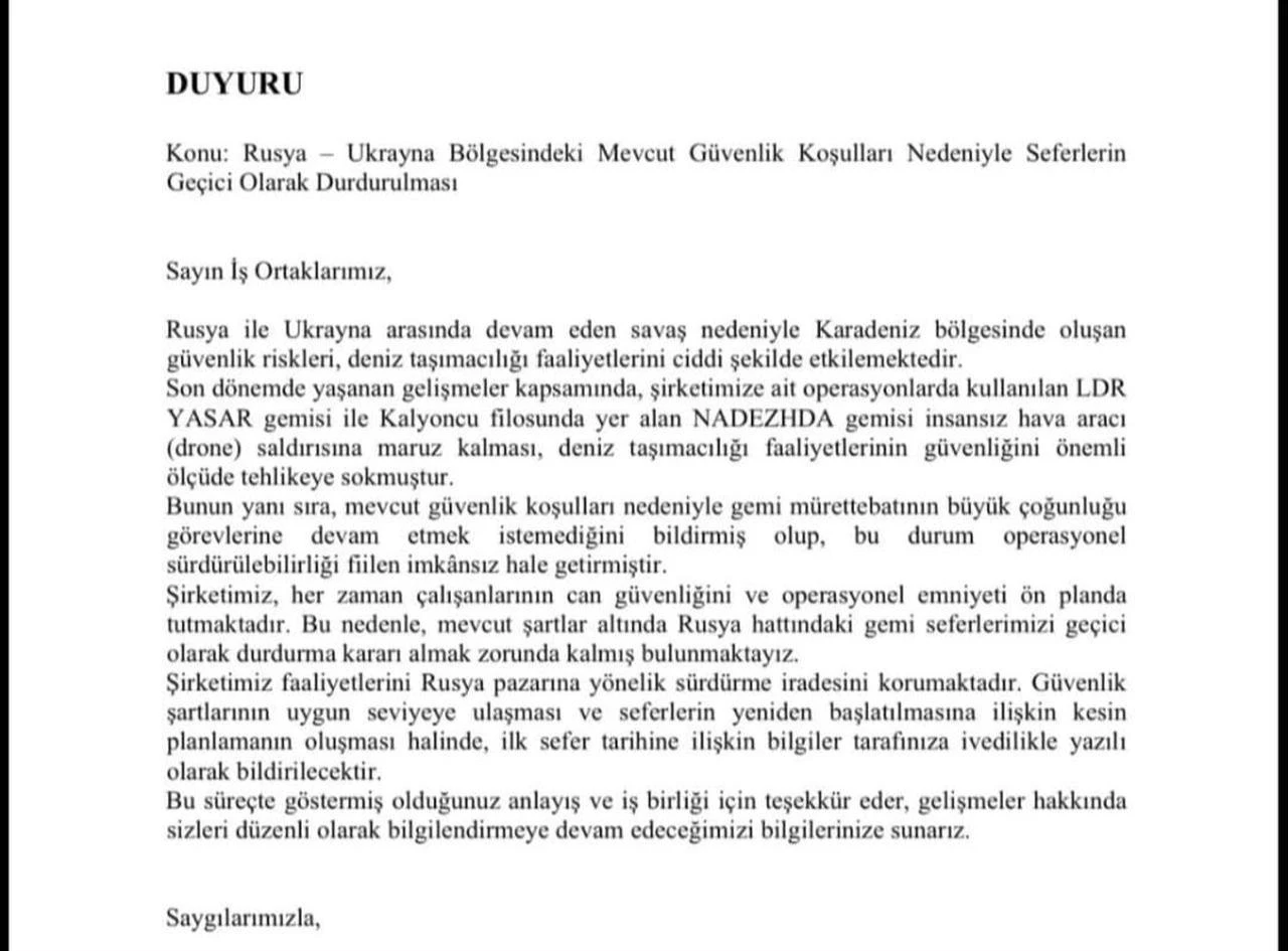 Kalyoncu's written notice to its business partners regarding their suspension of its shipping route to Russia after 2 of its vessels came under drone attack in the Black Sea. (Photo via Handout)