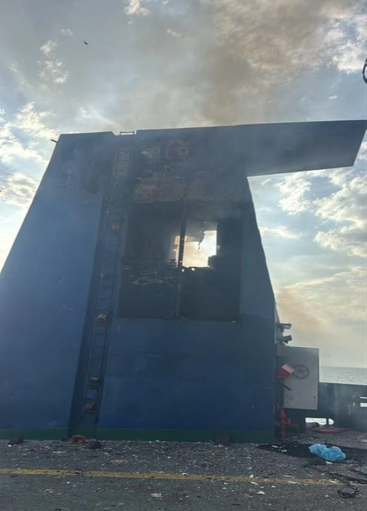 The photo shows the damage after a Ukrainian drone struck a Turkish-owned roll-on/roll-off (ro-ro) cargo ship near Russia's Black Sea port of Novorossiysk, Aug. 3, 2026. (IHA Photo)