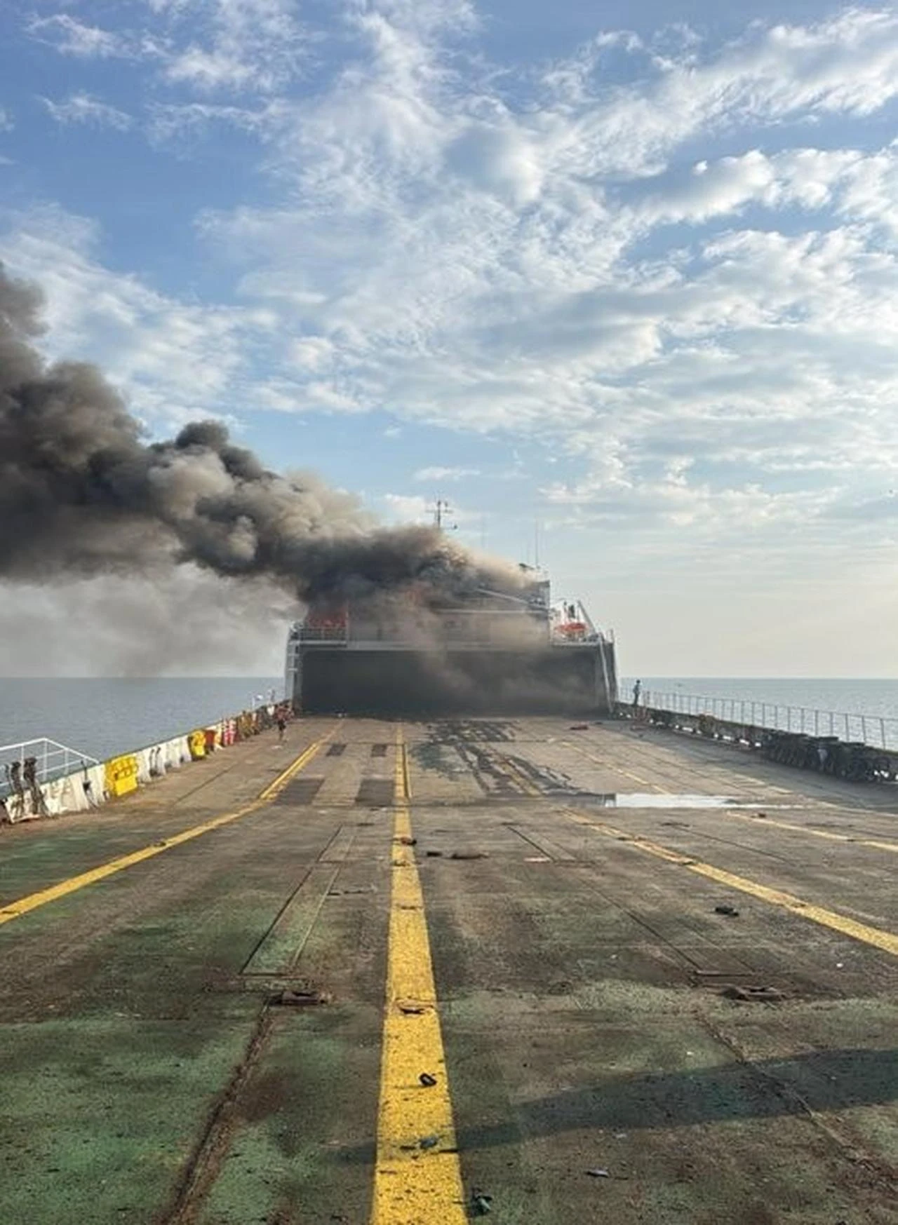 The photo shows the damage after a Ukrainian drone struck a Turkish-owned roll-on/roll-off (ro-ro) cargo ship near Russia's Black Sea port of Novorossiysk, Aug. 3, 2026. (IHA Photo)
