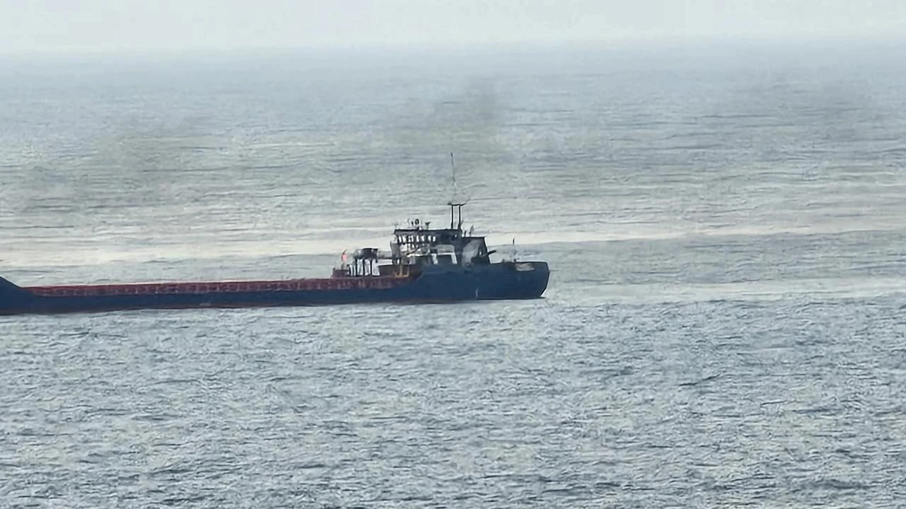 A cargo ship hit in attacks on commercial vessels in the Black Sea has anchored off the coast of Zonguldak, Türkiye, August 3, 2026. (IHA Photo)