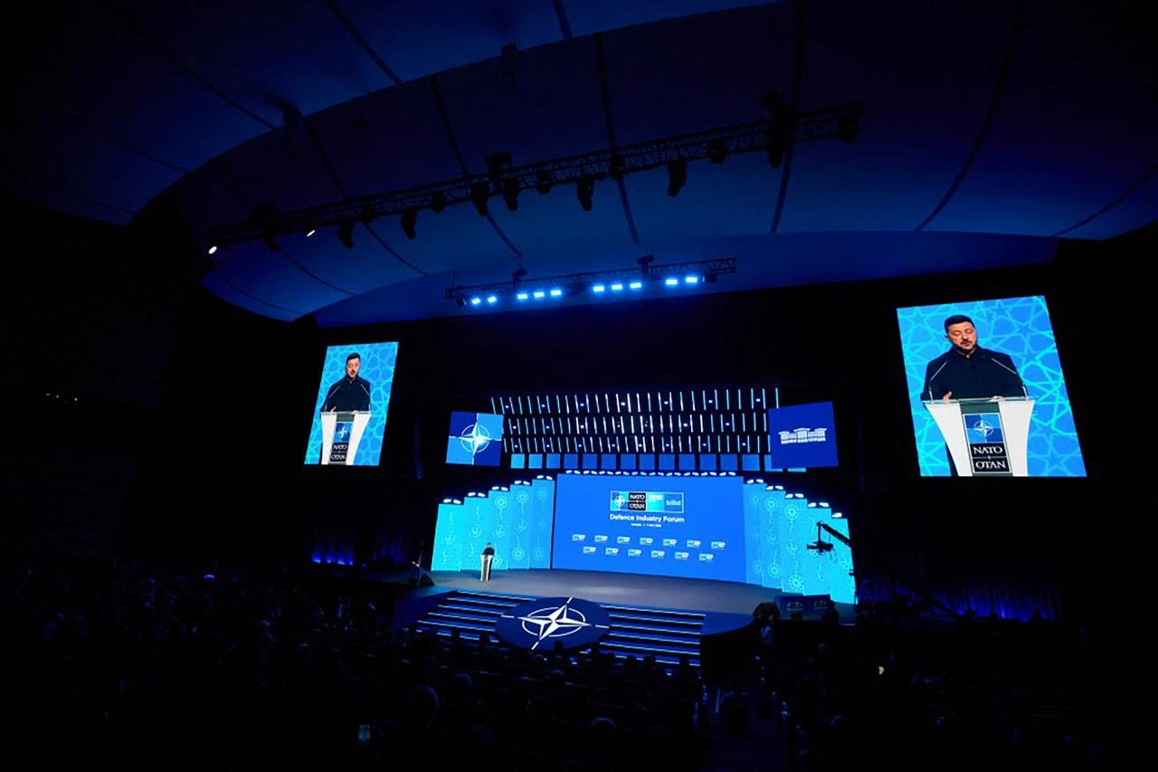 A photo handout by the press service of Ukraine's Presidency on July 7, 2026 shows Ukraine's President Volodymyr Zelenskyy delivering a keynote speech at the 36th NATO Heads of State and Government Summit in Ankara, July 7, 2026. (Photo by Ukraine Presidency/HO/AFP)