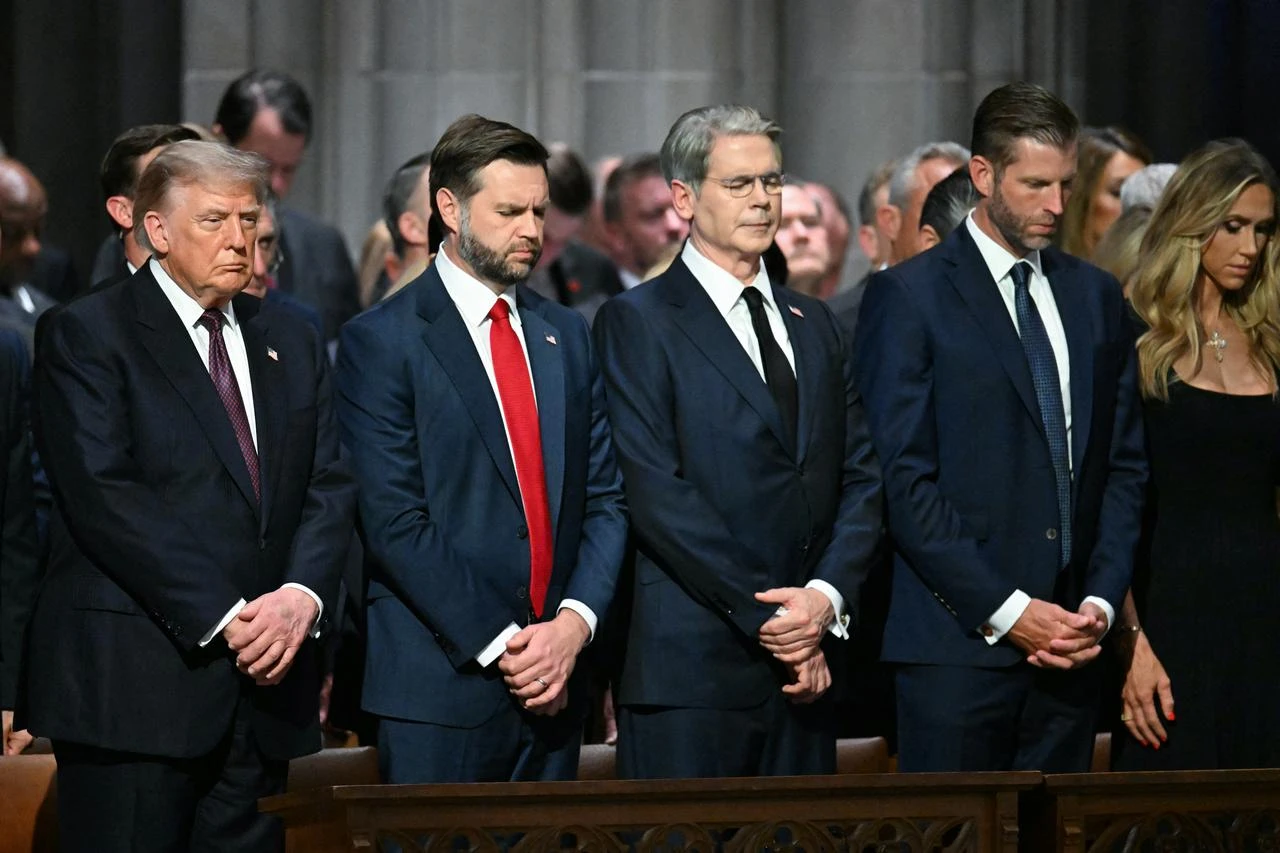 (L/R) US President Donald Trump, Vice President JD Vance, Secretary of Treasury Scott Bessent, Eric Trump, and Lara Trump attend the funeral service for US Senator Lindsey Graham at the Washington National Cathedral in Washington, DC, July 28, 2026. (AFP Photo)