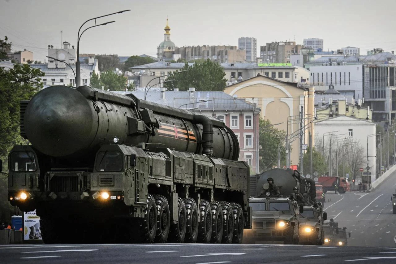 Russian Yars Intercontinental ballistic missiles (ICBM) drive through central Moscow during a rehearsal for the Victory Day parade, May 3, 2025. (AFP Photo)