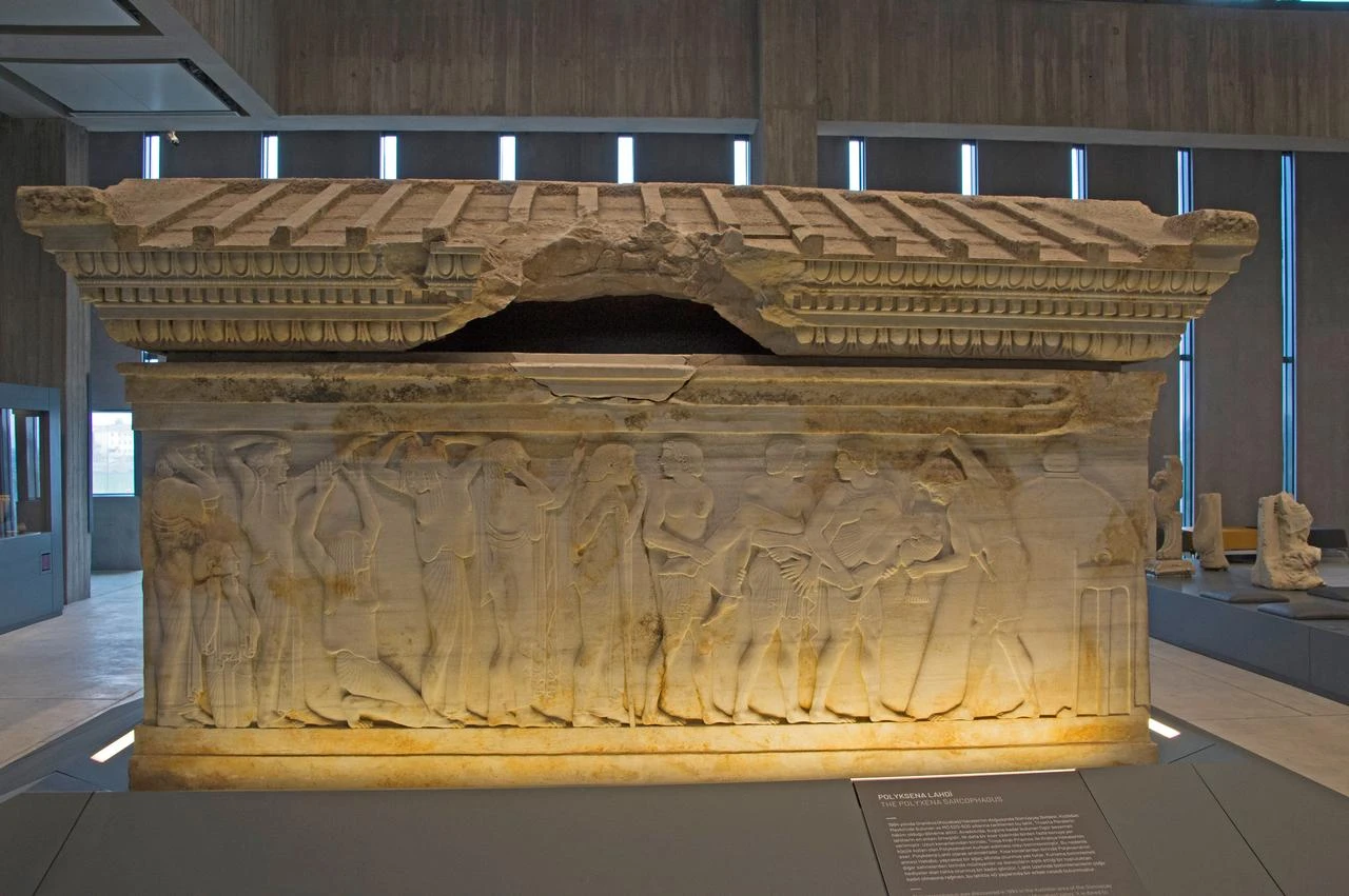 The Polyxena Sarcophagus, dating to the late sixth century B.C., is displayed at the Troy Museum in Canakkale, Türkiye. (Photo via Wikimedia)