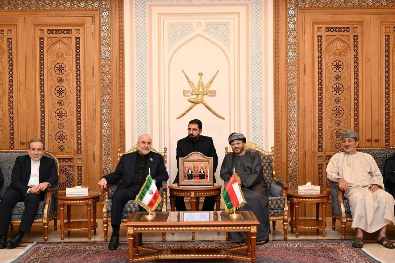 Iranian Parliament Speaker Mohammad Bagher Qalibaf (second left) and Foreign Minister Abbas Araghchi (left) meet Omani officials, including Foreign Minister Badr Albusaidi (second right), during talks in Muscat, Oman, June 23, 2026. (Photo via X/@FMofOman)
