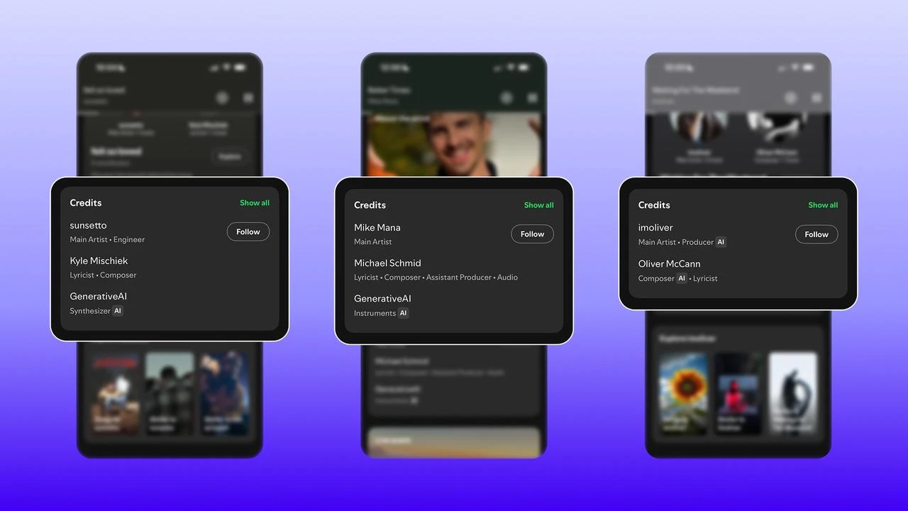 Spotify displays AI-related credits for vocals, instrumentation and production as part of its transparency measures for music created with artificial intelligence. (Photo courtesy of Spotify)