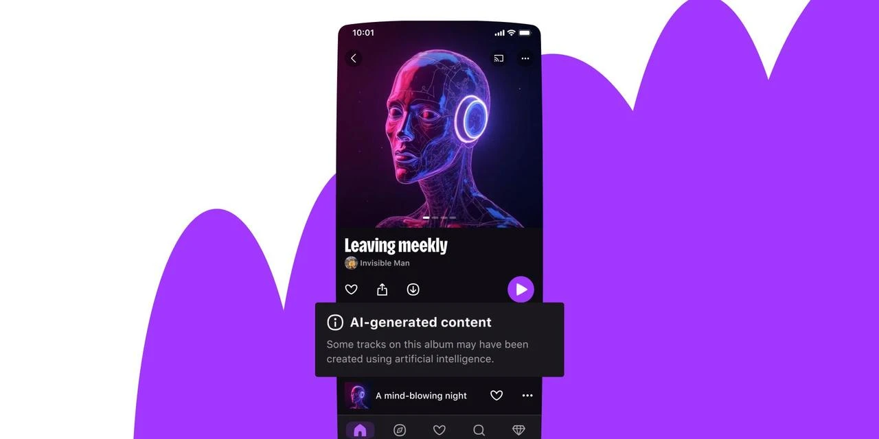 A Deezer screen displays an “AI-generated content” label as synthetic tracks account for more than half of the platform’s new daily music uploads. (Photo courtesy of Deezer)
