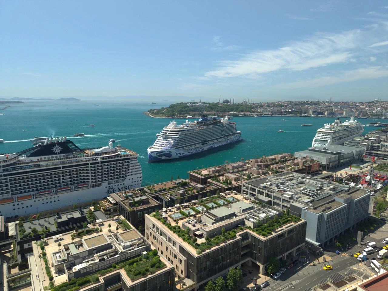 Cruise ships are docked at Galataport Istanbul on the Bosphorus in Istanbul, Türkiye. (AA Photo)