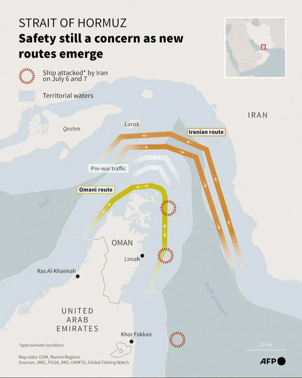 Map of the Strait of Hormuz showing the shipping corridor coordinated by Oman, the Iran-designated corridor, and the location of Iranian attacks on boats on July 6 and 7. (AFP Graphic)