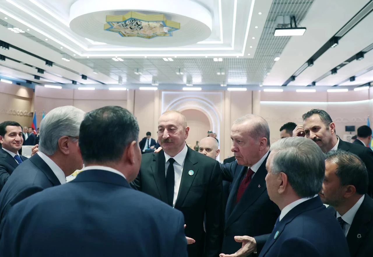 Turkish President, Azerbaijani President, Kazakh President, Uzbek President and Kyrgyz President attend the Informal Summit of the Organization of Turkic States (OTS) in Turkistan, Kazakhstan, May 15, 2026. (Photo via Turkish Presidency/HO)