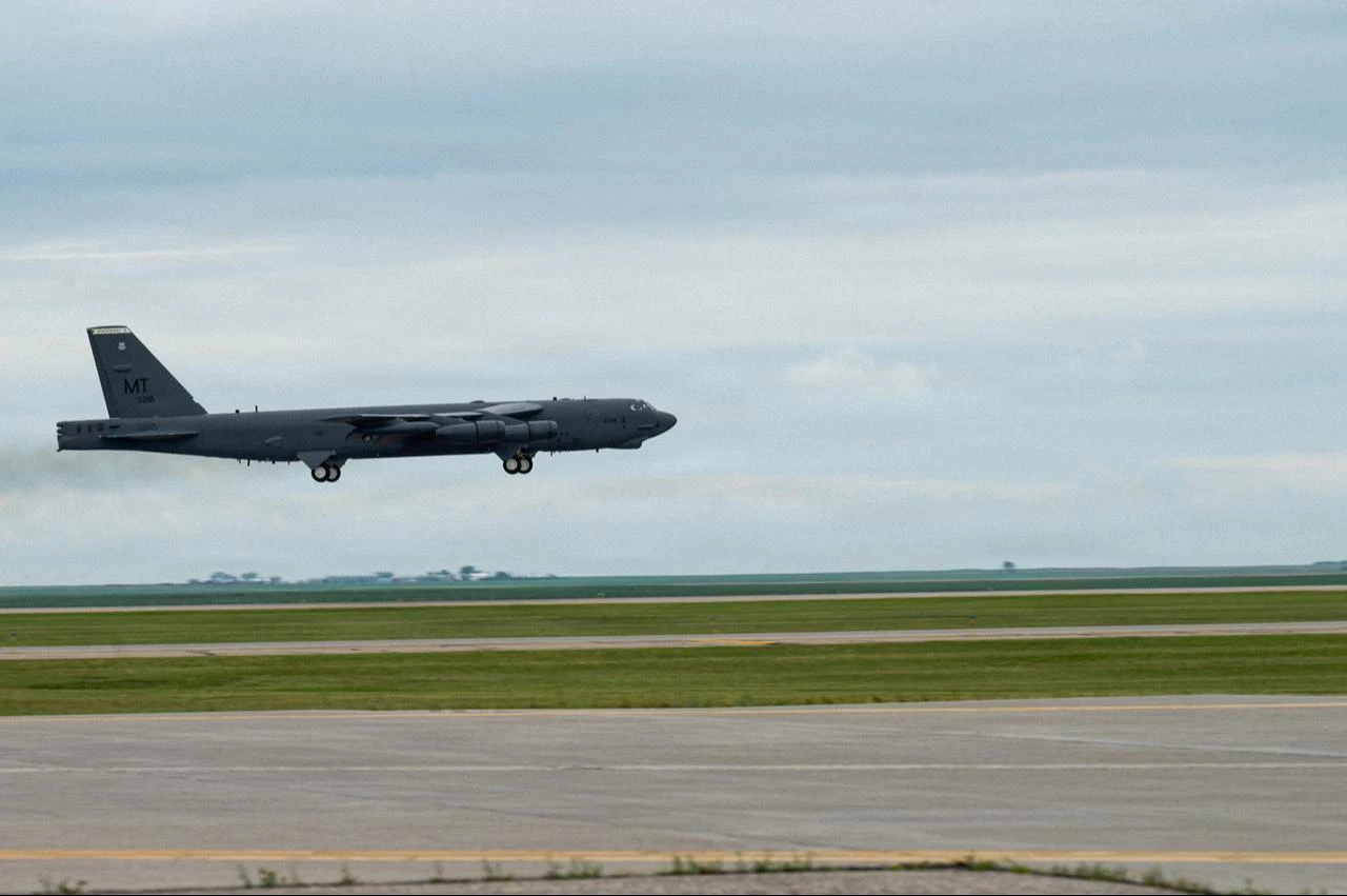 A B-52H Stratofortress takes flight for U.S. Air Force Col. Jimmy Schlabach, 91st Missile Wing commander’s orientation flight at Minot Air Force Base, North Dakota, June 17, 2026. (Photo via U.S. Air Force)
