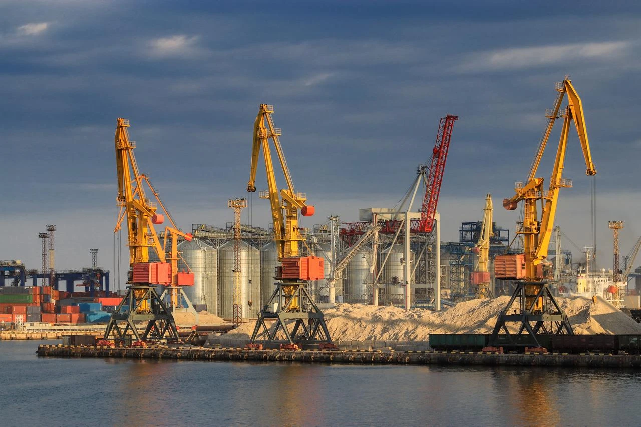 Cargo cranes and grain storage facilities are seen at the Port of Odesa in Odesa, Ukraine. (Adobe Stock Photo)