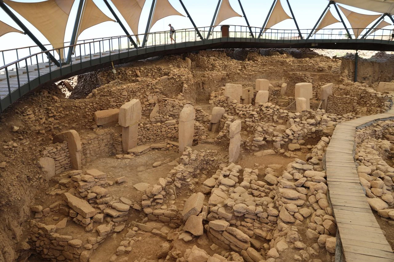 A general view of the monumental T-shaped pillars and stone enclosures at the Gobeklitepe archaeological site in Sanliurfa, southeastern Türkiye. (AA Photo)