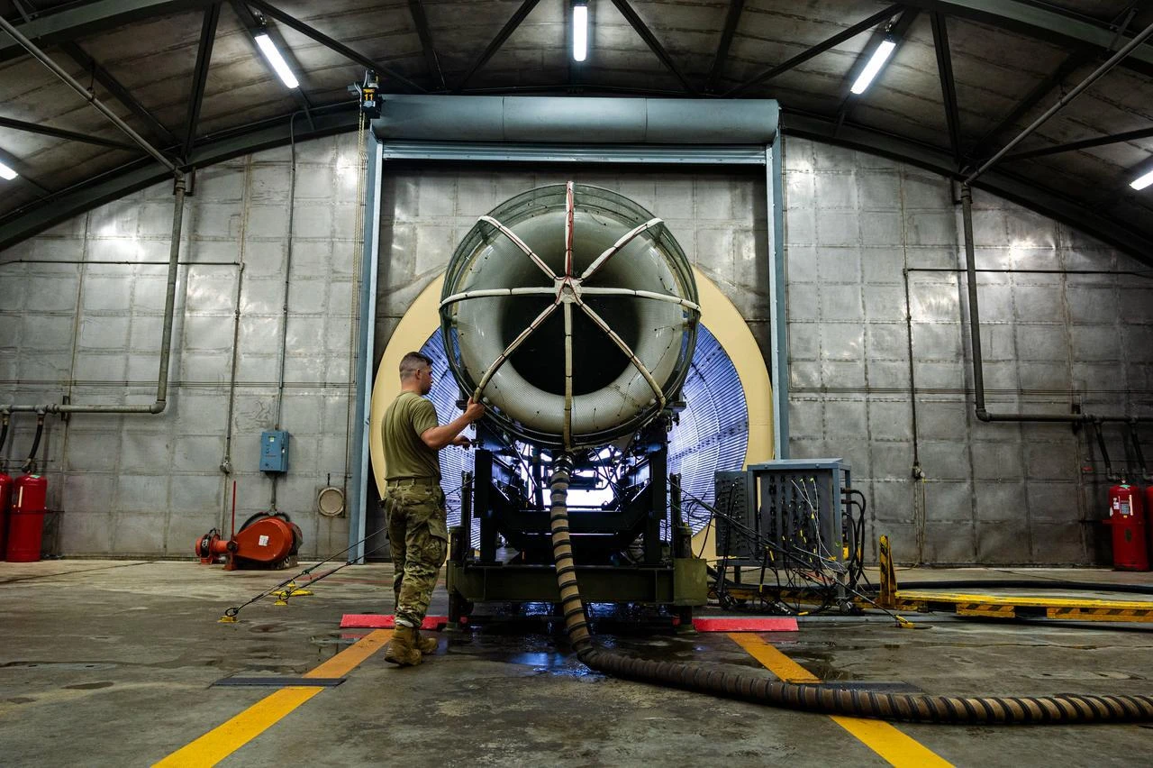 U.S Air Force Senior Airman engine test facility (ETF) maintainer completes an inspection on a General Electric F110-GE-129 engine at Shaw Air Force Base, S.C., August 14, 2020. (Photo via U.S. Air Force)