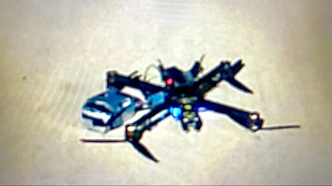 A photo shows the FPV drone at the German airport in Leipzig-Halle, Schkeuditz, eastern Germany, near a parked Ukrainian cargo plane. (Photo via Telegram)