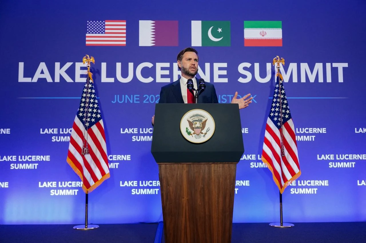 US Vice President JD Vance speaks to members of the media before boarding Air Force Two, after the US and Iran held high-level talks at the Lake Lucerne Summit, at Emmen Military Air Base, in Emmen, Switzerland, June 22, 2026. (AFP Photo)