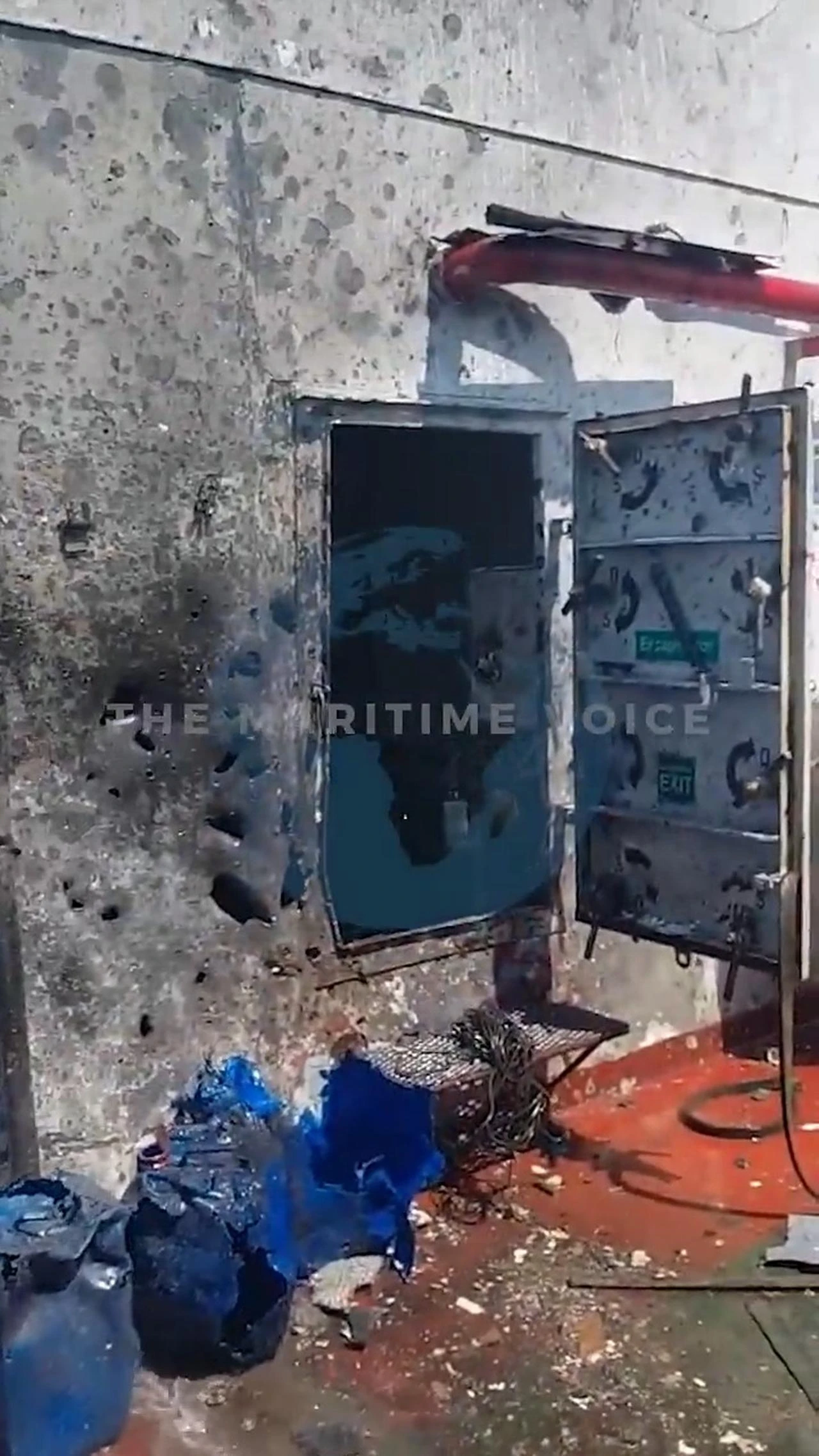The photo shows the damage at the Turkish-flagged vessel MV Gulluk after it was struck by a drone in the Black Sea on Aug. 7, 2026. (Photo via The Maritime Voice)