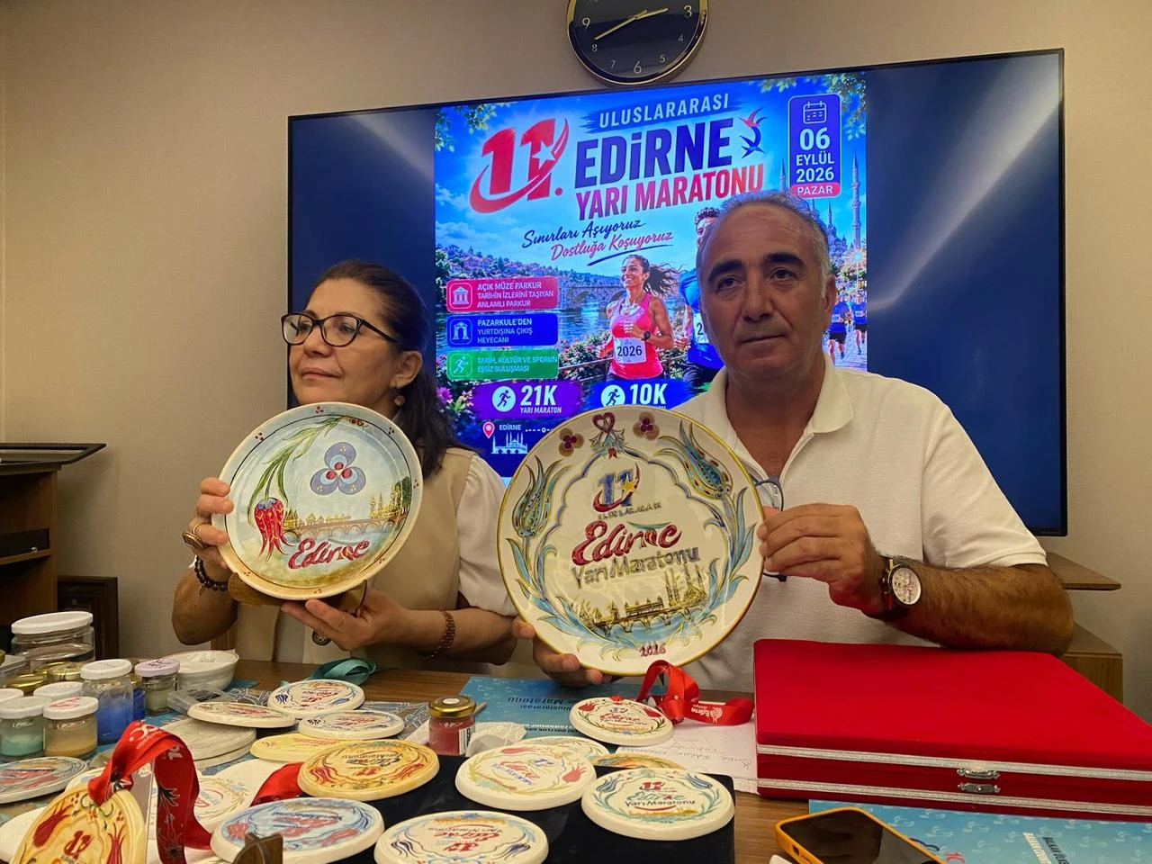 Onder Akdag (right), President of the Balkan Countries Friendship Group Youth and Sports Club Association (BUDDER), provided information on the subject during a press conference he held with Omur Canpolat (left), a ceramic artist and Bearer of Intangible Cultural Heritage designated by the Ministry of Culture and Tourism. (AA Photo)
