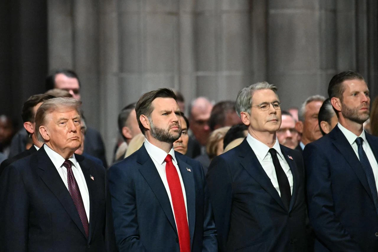 (L/R) US President Donald Trump, Vice President JD Vance, Secretary of Treasury Scott Bessent, and Eric Trump attend the funeral service for US Senator Lindsey Graham at the Washington National Cathedral in Washington, DC, on July 28, 2026. (AFP Photo)