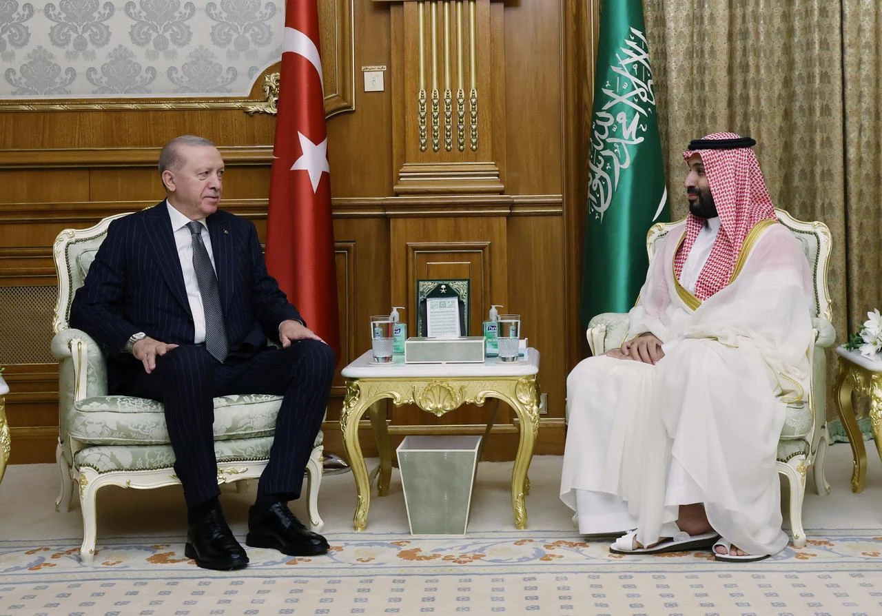 President Recep Tayyip Erdogan (L) meets with Saudi Crown Prince Mohammed bin Salman (R) during a working visit in Mecca, Saudi Arabia, on August 7, 2026. (Photo via Turkish Presidency/Murat Cetinmuhurdar/HO)
