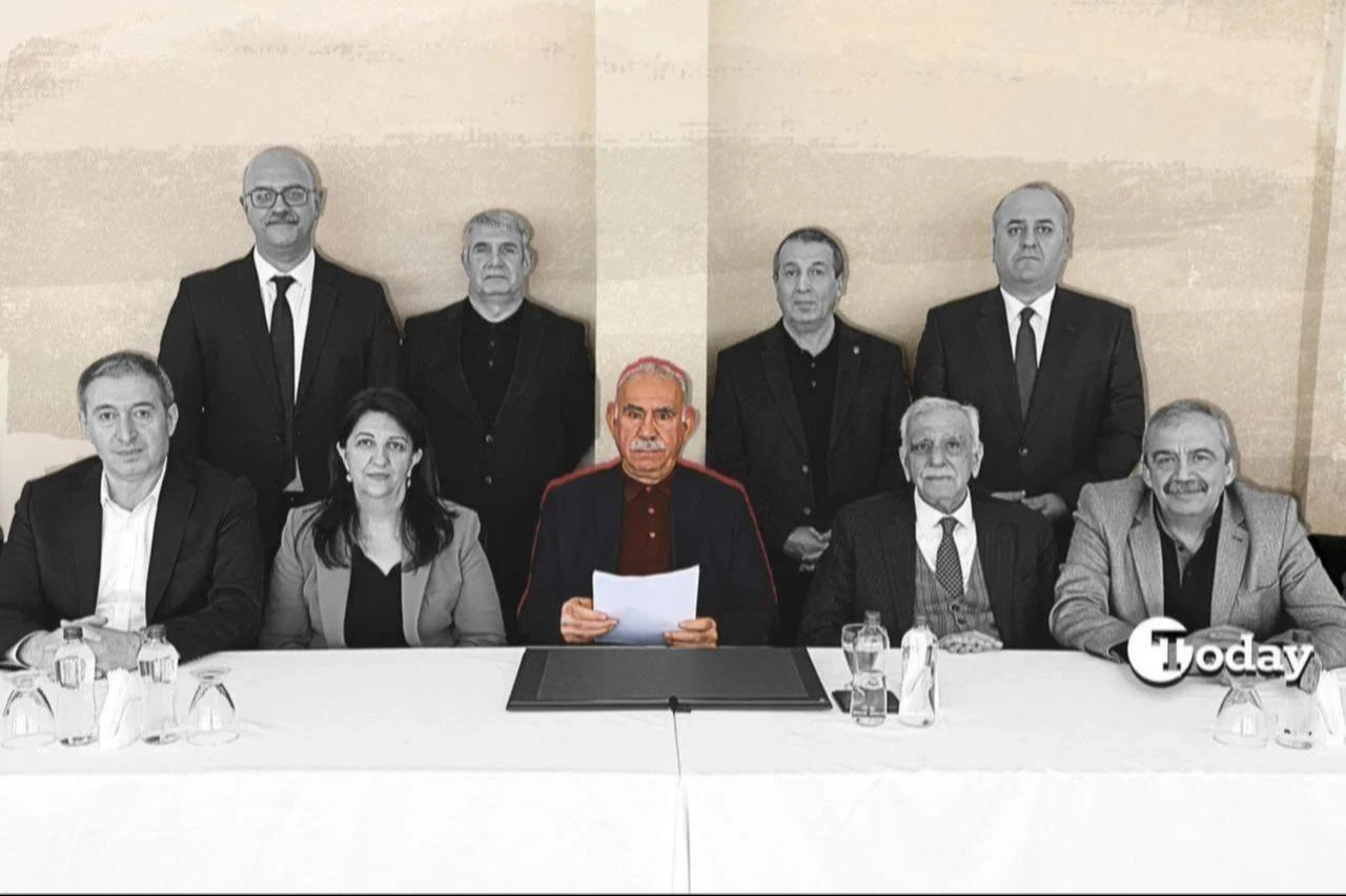 The photo shows the terrorist group PKKs ringleader, Abdullah Ocalan, reading his letter with DEM Party figures. (Collage prepared by Türkiye Today staffer)