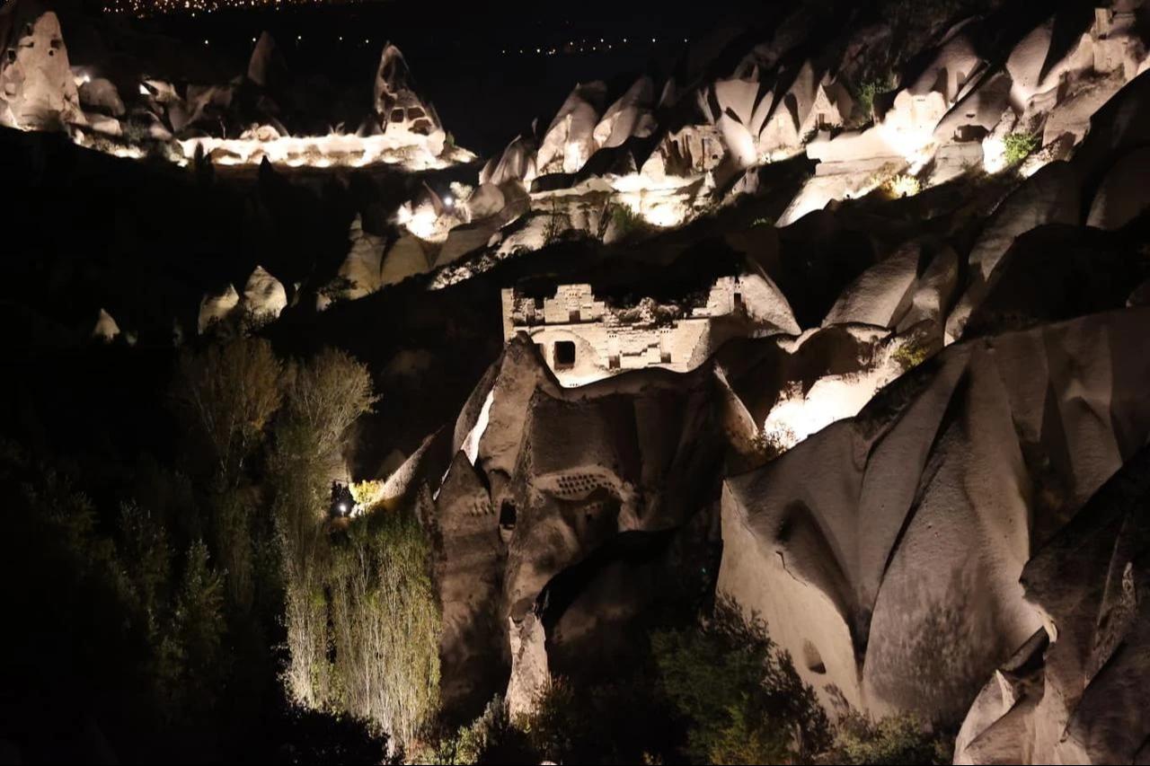 Rock formations are illuminated at night in Cappadocia, Türkiye, July 7, 2026. (AA Photo)