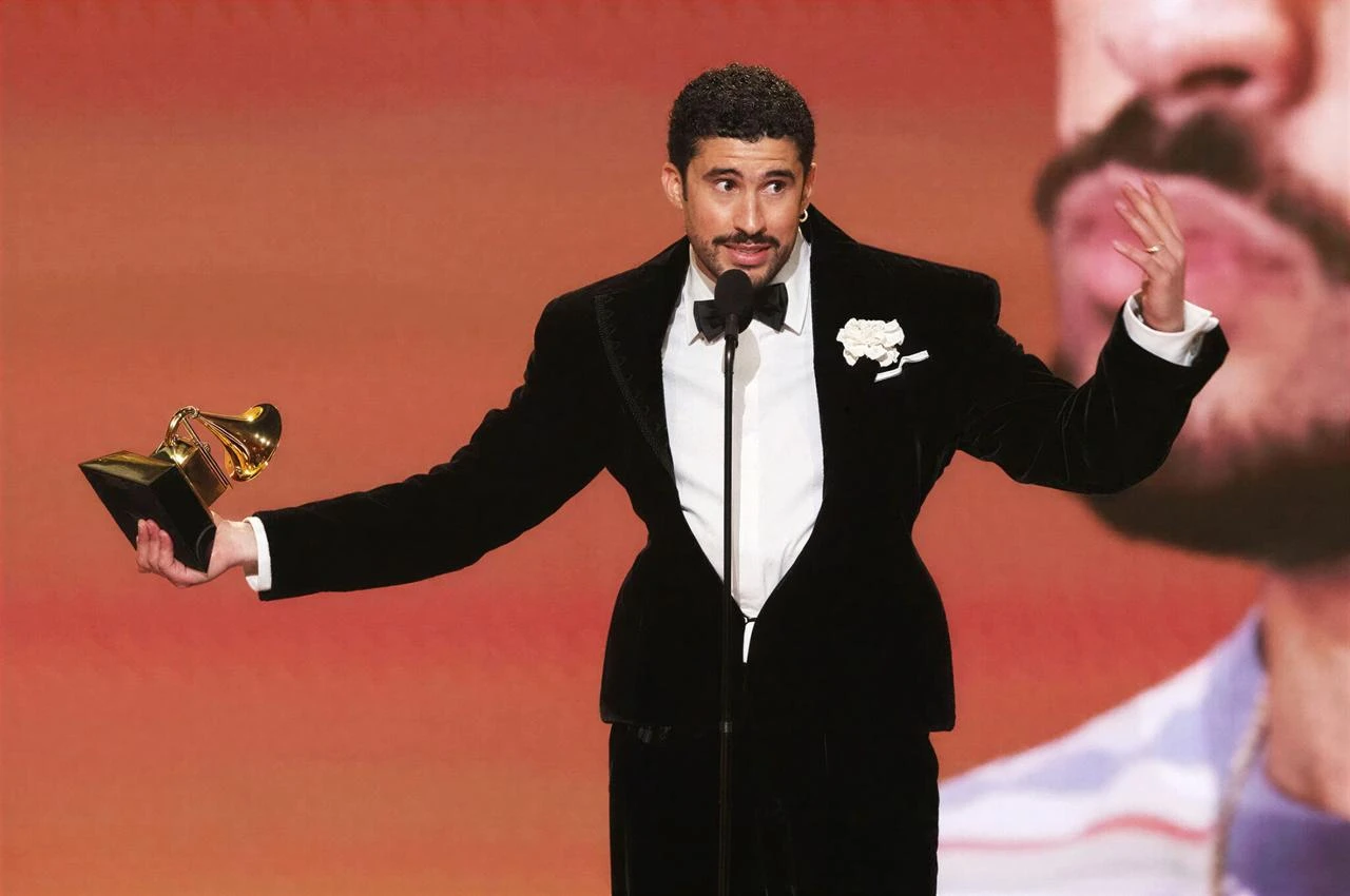 Bad Bunny accepts the Grammy for Album of the Year for “DeBI TiRAR MaS FOToS” during the 68th Grammy Awards in Los Angeles, Feb. 1, 2026. (AFP Photo)