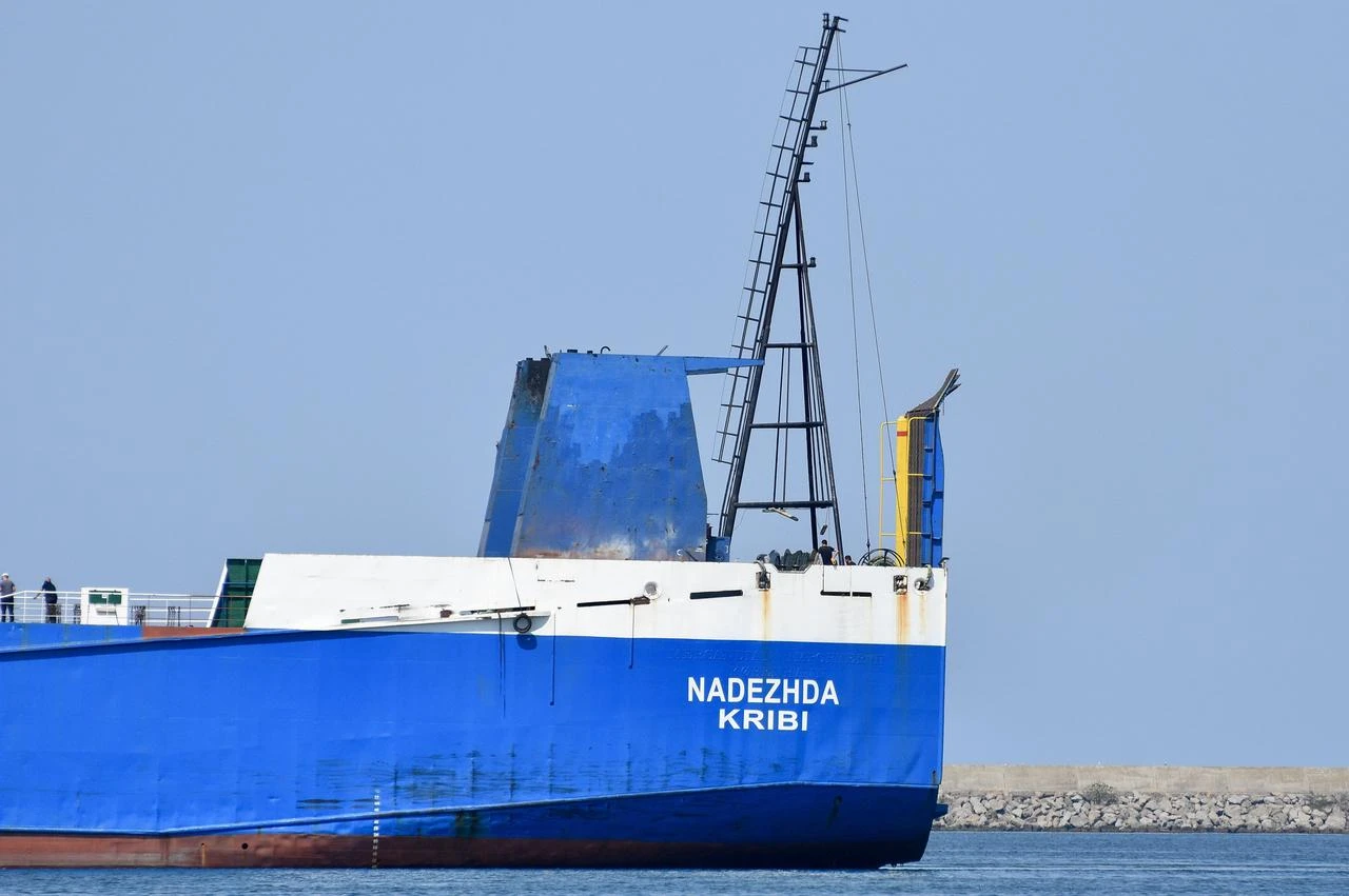 The Ro-Ro vessel "NADEZHDA," which was attacked by a drone in the Black Sea, is brought to Samsun, Türkiye, August 8, 2026. (AA Photo)