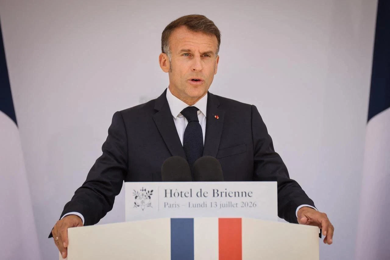 French President Emmanuel Macron gives his traditional address to the armed forces at l'Hotel de Brienne in Paris on July 13, 2026, on the eve of the annual Bastille Day Parade in the French capital. (AFP Photo)