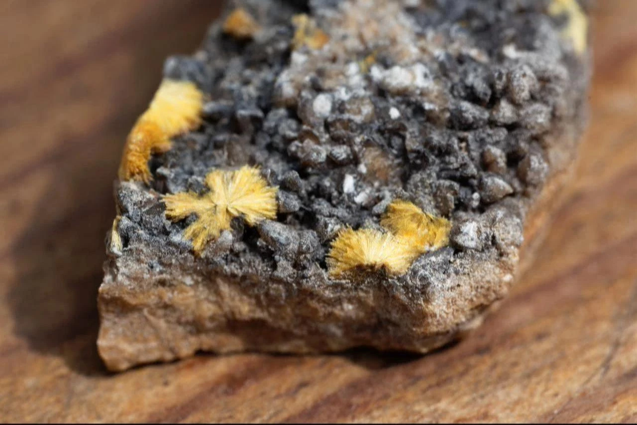 Crystal needles of Uranophane, a uranium bearing mineral and ore, from the Erongo region, Namibia, date and time undisclosed. (Adobe Stock Photo)
