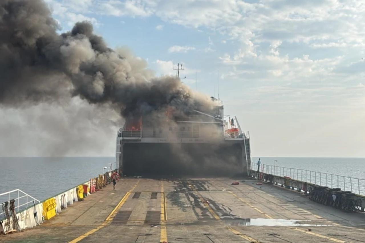 A Ukrainian drone reportedly struck a Turkish-owned roll-on/roll-off (ro-ro) cargo ship near Russia's Black Sea port of Novorossiysk, accessed on Aug. 3, 2026. (IHA Photo)