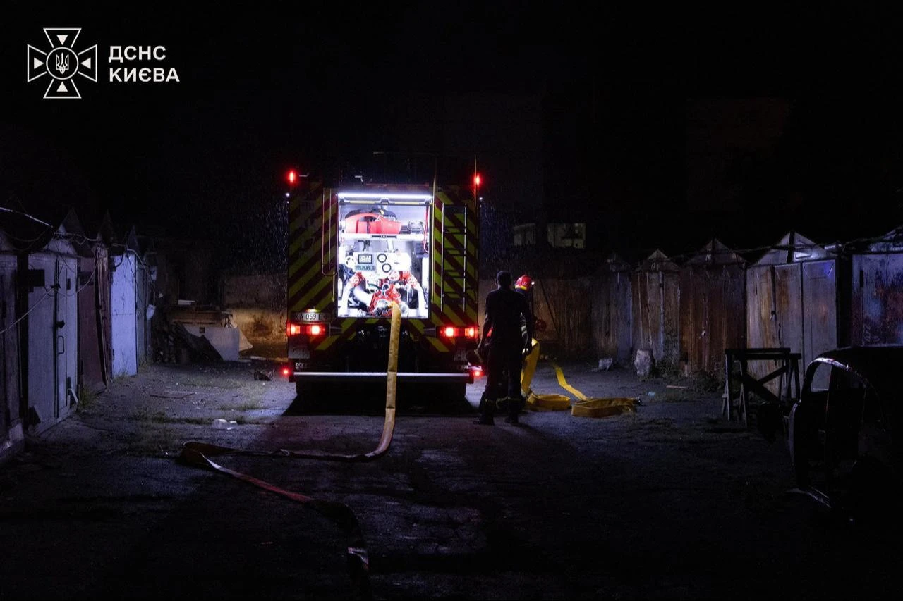 Firefighters putting out a fire following Russian ballistic missile strikes in the Ukrainian capital of Kyiv,  on August 8, 2026. (AFP Photo/handout/Ukrainian State Emergency Service)