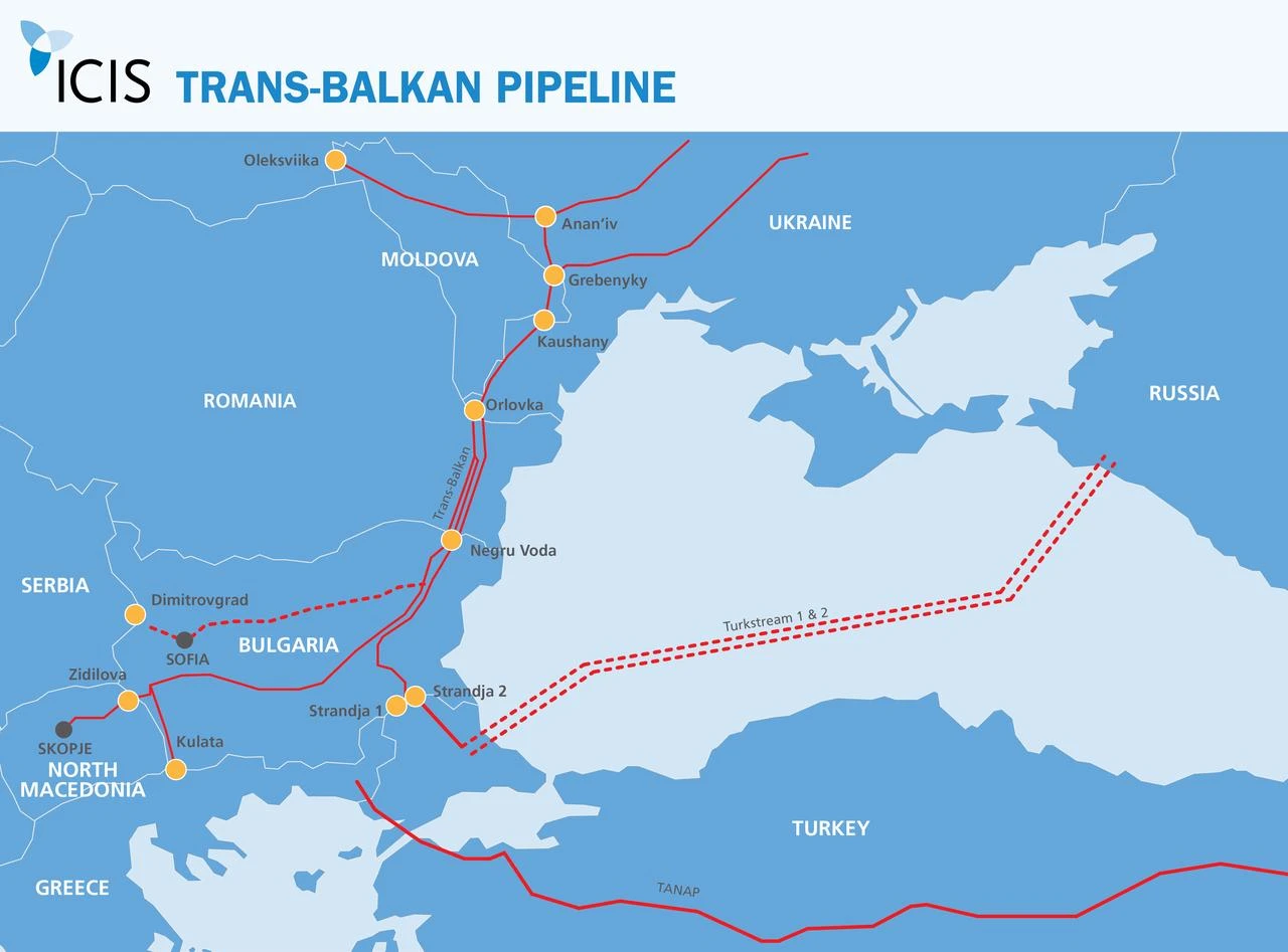 A map shows the route of the Trans-Balkan gas pipeline linking Türkiye, Bulgaria, Romania, Moldova and Ukraine across the Black Sea region. (ICIS Graphic)