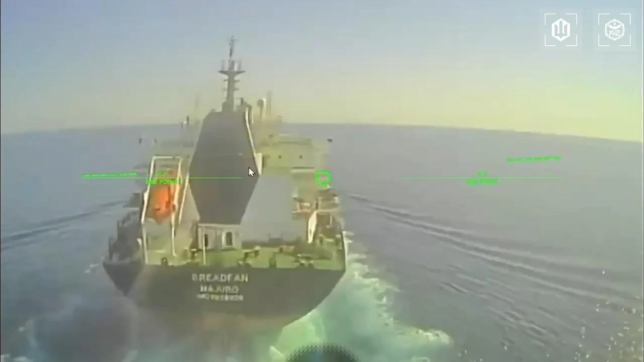 The screengrab photo shows a Russian vessel in the Black Sea and the Sea of Azov during an attack by Ukrainian drones on Aug. 2026. (Photo via screengrab from video/robert_magyar)