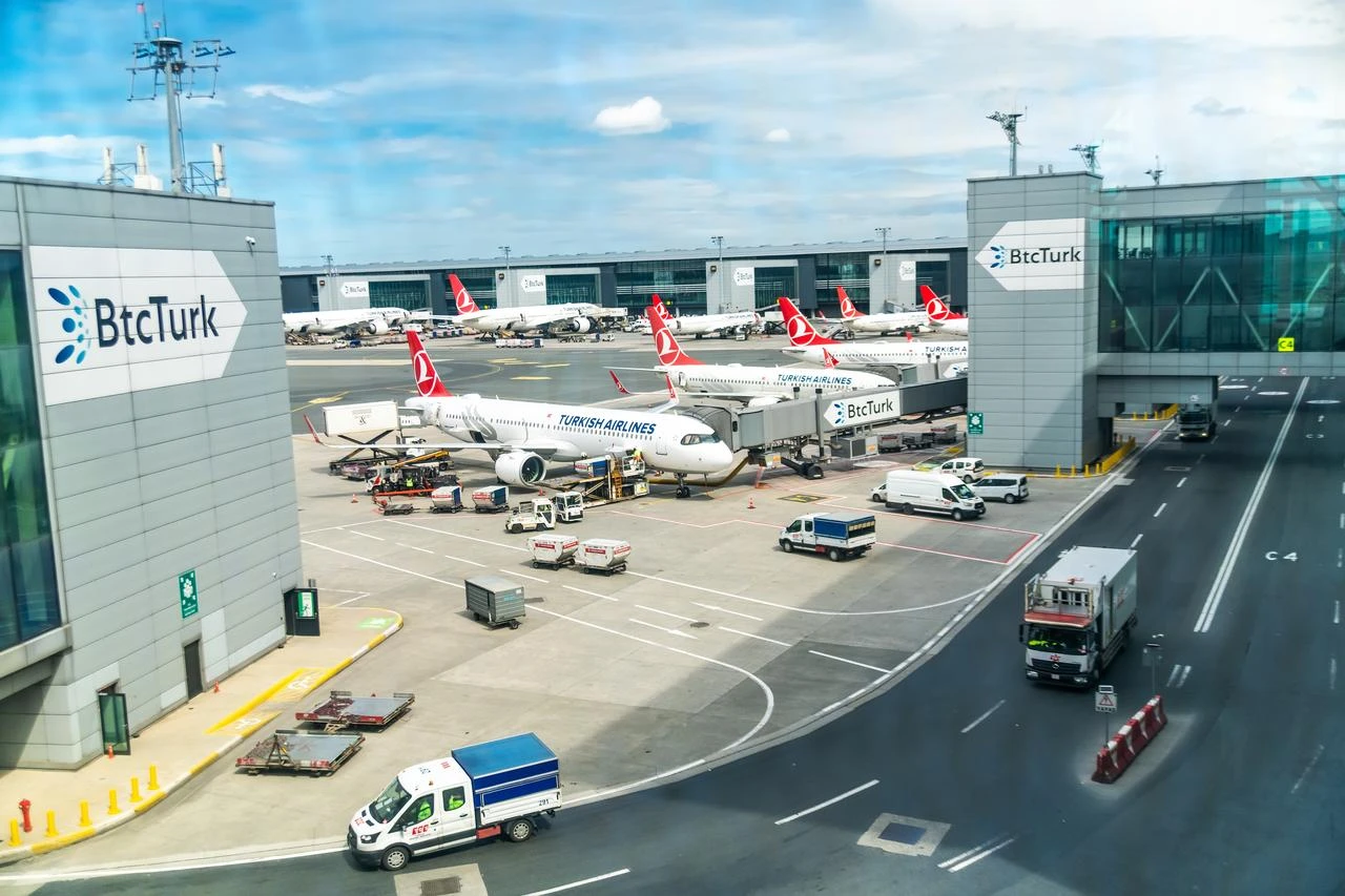 Turkish Airlines aircraft with ground equipment and jetways. (Photo via Adobe Stock)