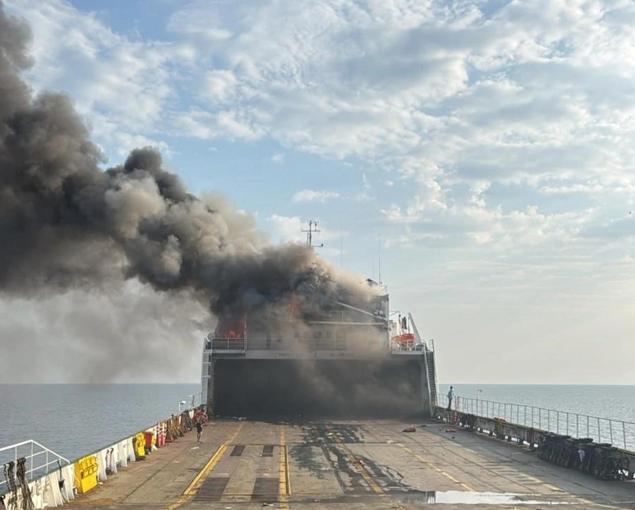 A Ukrainian drone reportedly struck a Turkish-owned roll-on/roll-off (ro-ro) cargo ship near Russia's Black Sea port of Novorossiysk, accessed on Aug. 3, 2026. (IHA Photo)
