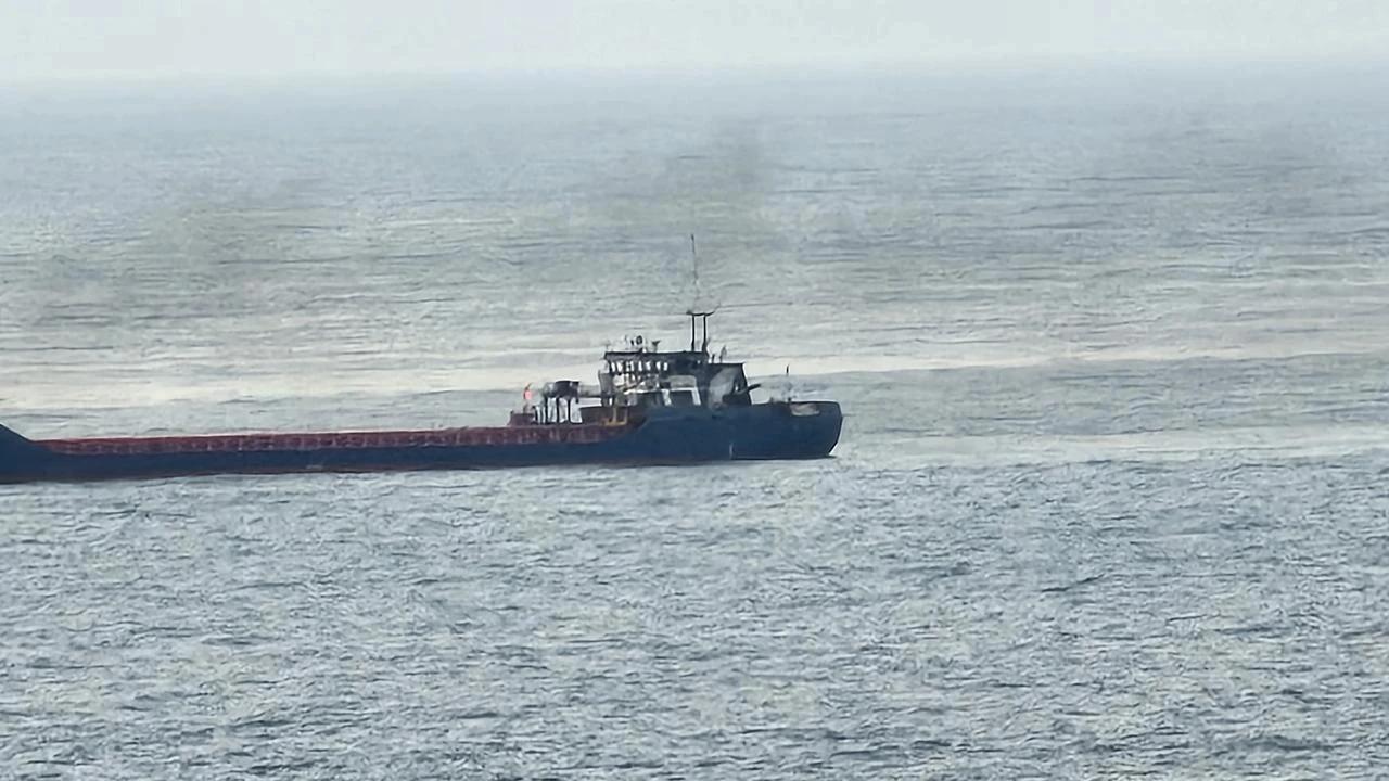 A cargo ship hit in attacks on commercial vessels in the Black Sea has anchored off the coast of Zonguldak, Türkiye, August 3, 2026. (IHA Photo)